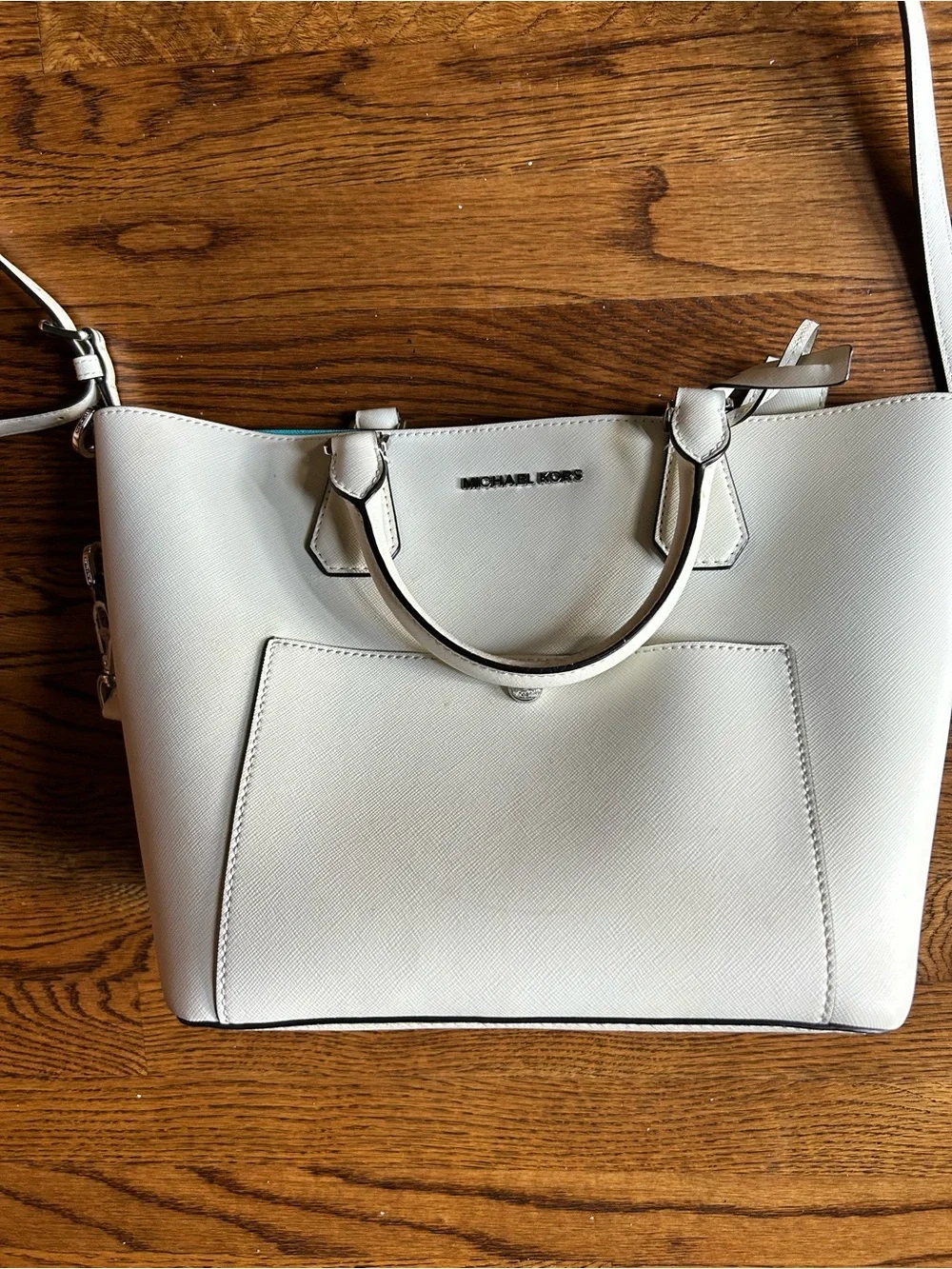 Michael Kors White Saffiano Leather Tote with Blue Interior Trim